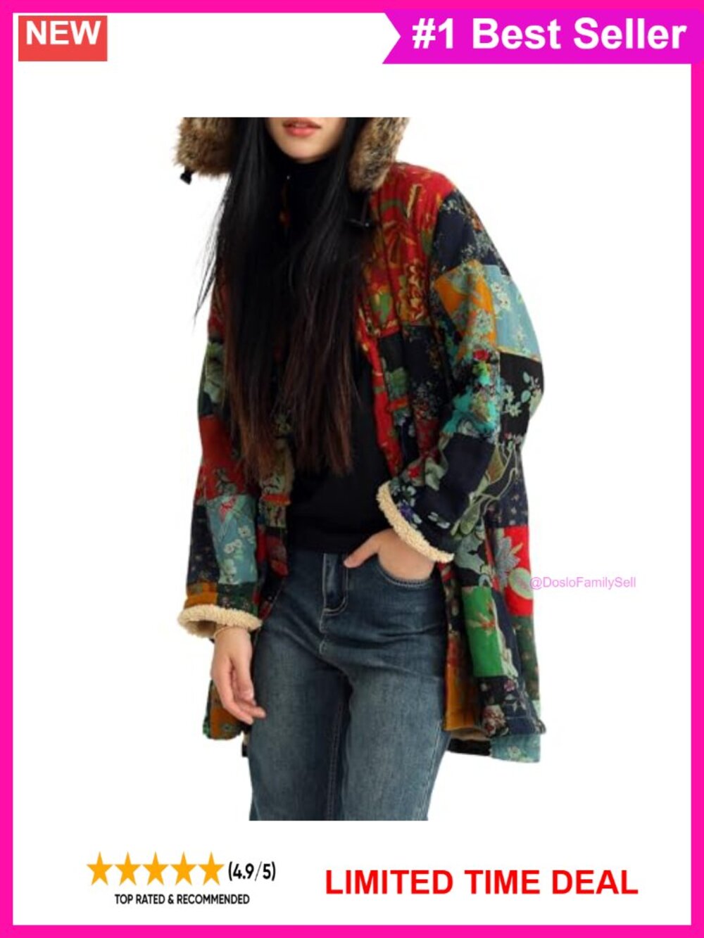 Fleece-Lined Floral Patchwork Plaid Winter Jacket Loose Fit Coat